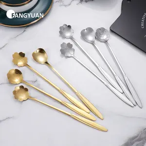 FANGYUAN-minicuchara de té de acero inoxidable chapada en oro, forma de flor, para café, para eventos