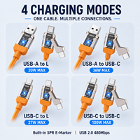 Kabel Pengisian Daya Cepat 100W PD 4 in 1 Multifungsi dengan Lampu LED, Kabel Silikon TPE Berlapis Tembaga untuk Ponsel, Laptop, dan Perjalanan