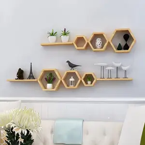 Hexagonal Floating Shelves Set of 5 Wall Mounted Wooden Storage Honeycomb Wall Rack for Wall Decoration (Natural)