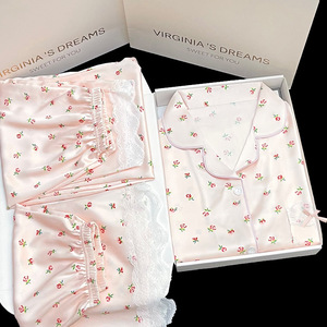 Primavera y verano nuevo encaje francés de encaje de manga corta dulce Floral niñas Casual y cómodo ropa de casa pijamas conjunto de tres piezas - Product Image 4