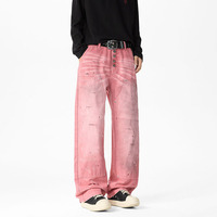 Pantalon long décontracté rose délavé à l'encre, coupe droite ample, style streetwear américain de haute qualité
