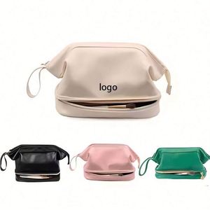 Custom Large Double Layer Makeup Pu <b>Leather</b> Cosmetic Organizer Zipper Travel Accessories <b>Toiletry</b> <b>Bag</b> Letter for Ladies - Product Image 1