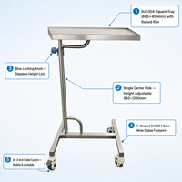 Support de plateau pour instruments chirurgicaux en acier inoxydable SUS304 à barre unique, hauteur réglable 940-1200 mm avec 4 roulettes à frein