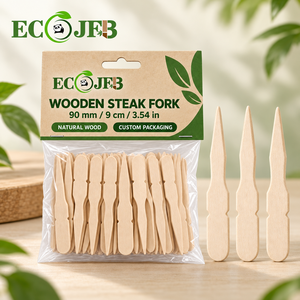 Fourchette à steak en bois naturel de 90 mm, mini-pique à apéritif jetable avec emballage de détail personnalisé pour supermarchés et importateurs - Product Image 1