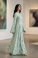 de plantes Impression numérique personnalisée Tissu polyester Col en O Style fermé Taille plissée Fille musulmane Abaya
