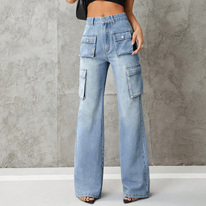 Jeans Cargo de Cintura Alta para Mujer, Estilo Europeo Americano, Corte Ajustado, Pantalones Largos de Mezclilla, Ropa Casual de Calle - Product Image 1