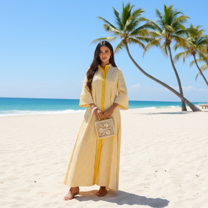 <span class=keywords><strong>Vestido</strong></span> Maxi <span class=keywords><strong>Amarillo</strong></span> a Rayas con Botones para Mujer, Manga 3/4, Corte en A, para <span class=keywords><strong>Playa</strong></span> y Vacaciones <span class=keywords><strong>de</strong></span> Verano, Venta al Por Mayor, OEM, MOQ Bajo - Product Image 1