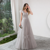 Robe de soirée gris argenté lavande col en V coupe trapèze, ornée de perles et de sequins, manches volantées, nœuds 3D, en tulle, longueur ras du sol, pour soirée, sur mesure, vente en gros