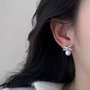 S925 Sterling <b>Silver</b> Bowknot Pearl <b>Drop</b> <b>Earrings</b>, 8-9mm Aurora Freshwater Pearl, Near Round, Almost Flawless factory wholesale - Product Image 4