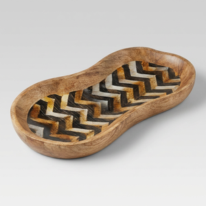 Plateau de service elliptique en bois d'acacia, décoratif, noir et blanc, motif chevron incrusté, plat moderne pour la maison, la table à manger, artisanat, fête - Product Image 1