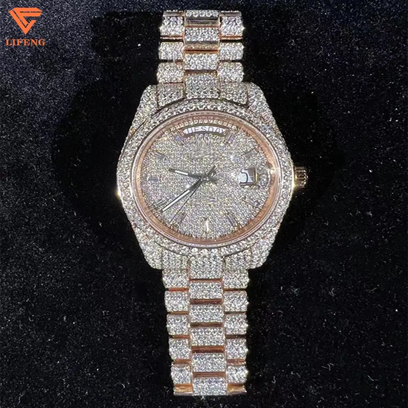 Luxury hip-hop custom watch Rose gold plated moissanite diamond High quality Iced out cuban watch For men