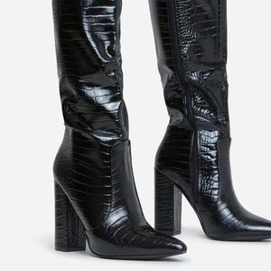 Bottes longues à <span class=keywords><strong>talon</strong></span> bloc et bout pointu en similicuir <span class=keywords><strong>croco</strong></span> <span class=keywords><strong>noir</strong></span> pour femmes et jeunes femmes - Product Image 6