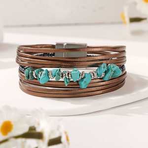 Turquoise <b>Leather</b> <b>Bracelet</b> White Label PVD Coating Durability Holiday Gift for Women 18k Gold Plated Color - Product Image 4