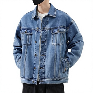 Veste en jean décontractée bleue pour homme, col rabattu, boutonnage simple, manches longues, 100 % coton, coupe ample, délavée - Product Image 1