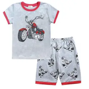 小男孩短袖短裤摩托车图案印花夏季睡觉穿2件3-8年