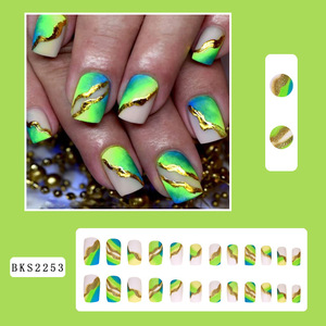 Uñas Postizas Reutilizables Estilo Europeo Americano Francés, Color Verde Fluorescente <span class=keywords><strong>con</strong></span> Borde <span class=keywords><strong>Dorado</strong></span>, Arte de Uñas al por Mayor - Product Image 2