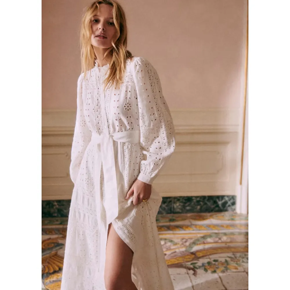 Solid Color Long Sleeve Lace Up Casual White Midi Dress Elegant Slim Fit Holiday Dress Long Embroidered Dress