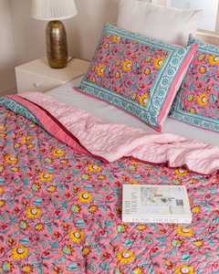 Pink Floral Cotton <b>Quilt</b> Hand Block Printed Reversible Bedspread Farmhouse <b>Bedding</b> Indian <b>Quilt</b> - Product Image 4