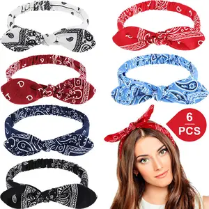 DS008 Boho Bow Headbands Vintage Bandana Flower Printed Hairband Head Wrap Women Bows Iron Hair Accessories Elastic Headbands