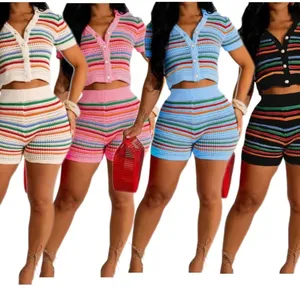 Sommer Neues sexy gestricktes Kontrastfarben-geschnittenes kurzes Ärmel-Shorts lässiger Anzug zweiteiliges Set für Damen