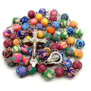 Wholesale Our Lady Mary Centerpiece for Pray Catholic Soft Clay Multi Colorful Flower Balls Bead Alloy Chain Rosary