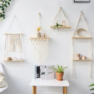 Silarillady — étagères murales en bois macramé, 3 niveaux, décor des plantes, style boho, flottantes pour la salle de bain