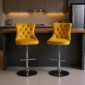 Modern Velvet Bar <b>Stools</b> Chrome Base <b>Adjustable</b> Height Swivel Tufted Back Home Bar Furniture - Product Image 2