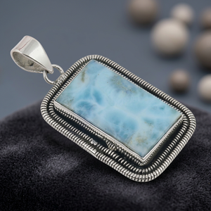 Women's Vintage Larimar Gemstone Silver Pendant Geometric Design Hiphop Style Everyday Wear Third Party Certified Fine Charms - Product Image 2
