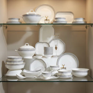 Luxury 50-Piece Eco-Friendly Bone China <b>Dinnerware</b> Set Utensils Kit European Style Scenic Pattern Camping Use Dishwasher - Product Image 1