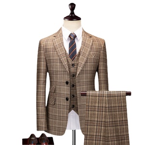 Costume de <span class=keywords><strong>mariage</strong></span> classique à carreaux rétro marron <span class=keywords><strong>pour</strong></span> hommes robe en laine de marié de Style d'affaires plissé avant respirant imperméable - Product Image 2
