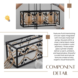 Suspension rectangulaire 3 lumières en forme de cage, avec corde tressée en feuilles et brindilles, qualité supérieure - Product Image 4