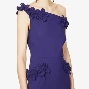 Custom elegant evening dress one shoulder embroidered asymmetric 3d floral embellished split hem stretch woven maxi dress gown