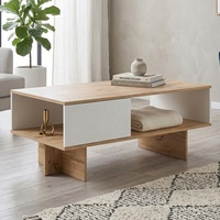 Table basse rectangulaire en bois de chêne au design minimaliste et épuré avec étagère de rangement pour salon