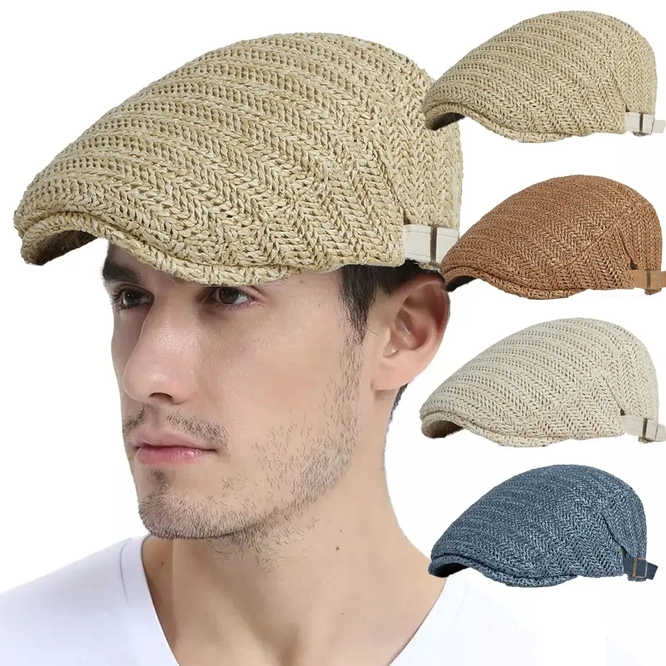 Summer Mesh Breathable Manmade Straw Beret Hat For Men Solid Outdoor Beach Sun Protection Peaky Blinders For Women Adjustable