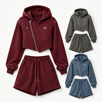 Ensemble décontracté deux pièces : short et sweat à capuche court zippé en molleton, taille élastique, en coton léger, pour femme, idéal pour l'été