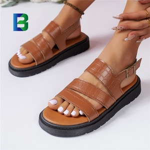 BARCHON LJ4213 negro marrón piedra estampado cuero Sandalias Mujer Zapatos 2024 verano moda plataforma calzado Sandalias planas - Product Image 1