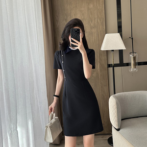 Women's Professional Dress A-Line Peter Pan Collar Black Woven Fabric For Work Commuting Summer Career Wear - Product Image 1