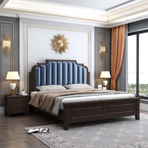 Luxury American Style Wooden <b>Bed</b> with Upholstered Blue Headboard, King/<b>Queen</b> <b>Size</b> <b>Bed</b> <b>Frame</b> for Bedroom Furniture - Product Image 1