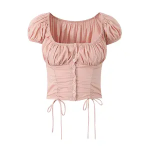 Pink color short sleeve buttons up front lace up square collar casual women modest cotton crop blouse top