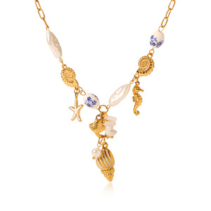 Collar de Moda 2026 de Acero Inoxidable con Baño de <span class=keywords><strong>Oro</strong></span> de 18K, Esmaltado, con Conchas, Perlas y Estrellas de Mar para Mujer - Product Image 1
