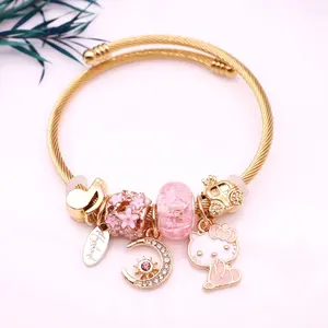 Ins Pink Flower Car Jewelry Stainless Steel Hello Cat Moon Sun Pendant Twisted Bracelets