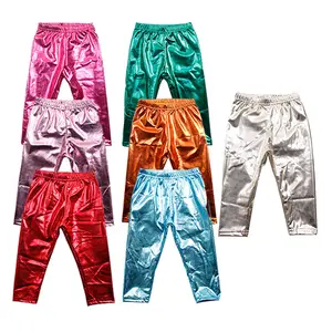 Pantalones largos de cuero de moda callejera para niños, cintura elástica multicolor, pantalones para niñas, pantalones largos de tela PU suave brillante para niños