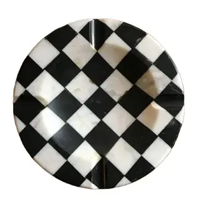 Black And White Marble Circular Checkered Stone Catchall And Tray Honed Surface