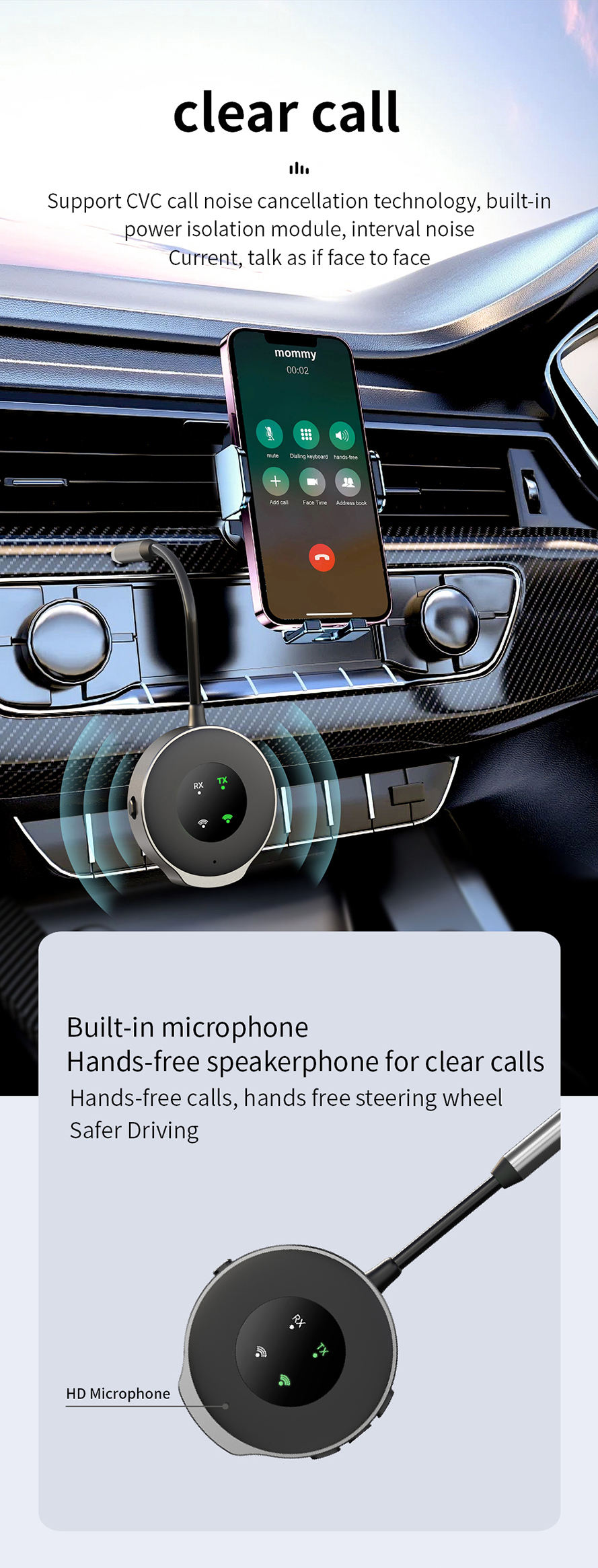 JR-CB3 Wireless Receiver Bluetooth 5.3 Car Aux Adapter - Black, image size:889x2331