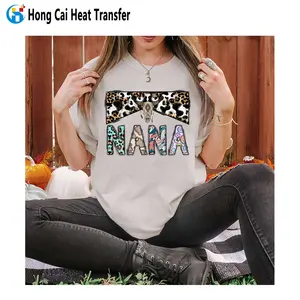 Hongcai kısa kollu kadın T-shirt desen özel ütüyle yapışan logo işleme yüksek kalite 100% polyester