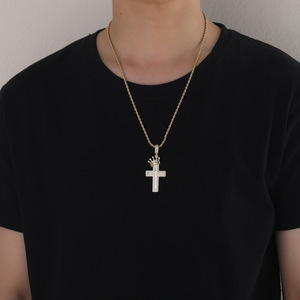 Copper inlaid zircon crown <b>cross</b> pendant, hip hop <b>cross</b>-border trend, small hat <b>cross</b> pendant <b>chain</b>. - Product Image 2