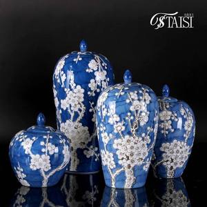 Estetik oda dekor seramik erik çiçeği vazo dekorasyon çay depolama kavanoz Urn mavi ve beyaz zencefil kavanozları kapaklı - Product Image 6