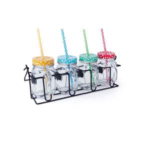 Set Excelsa di 4 tazze Mason Jar con coperchi colorati e cannucce 10x13x7 cm, bicchieri in vetro multicolore - Product Image 1