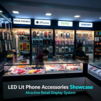 Ensemble complet de mobilier de présentation pour boutique numérique, avec enseigne LED de marque, présentoir mural à crochets, comptoir îlot en verre verrouillable pour étuis de téléphone portable
