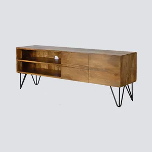 NS FURNITURE Modern Solid Wood Top with Metal Iron Legs Living-room Furniture for TV Stand Side Cabinet Storage with Doors